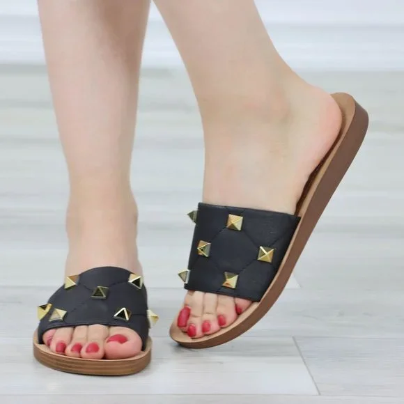 Black Flat Comfort Flexible Sandal Slip On Sliders Trendy Gold Studs Glittery To - Picture 6 of 14
